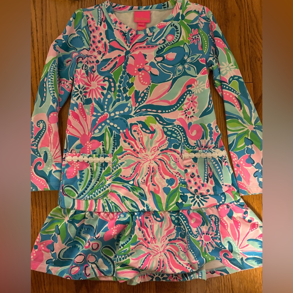 Lilly Pulitzer Girls Vira Dress Turquoise Oasis Golden Hour, Medium (6-7)